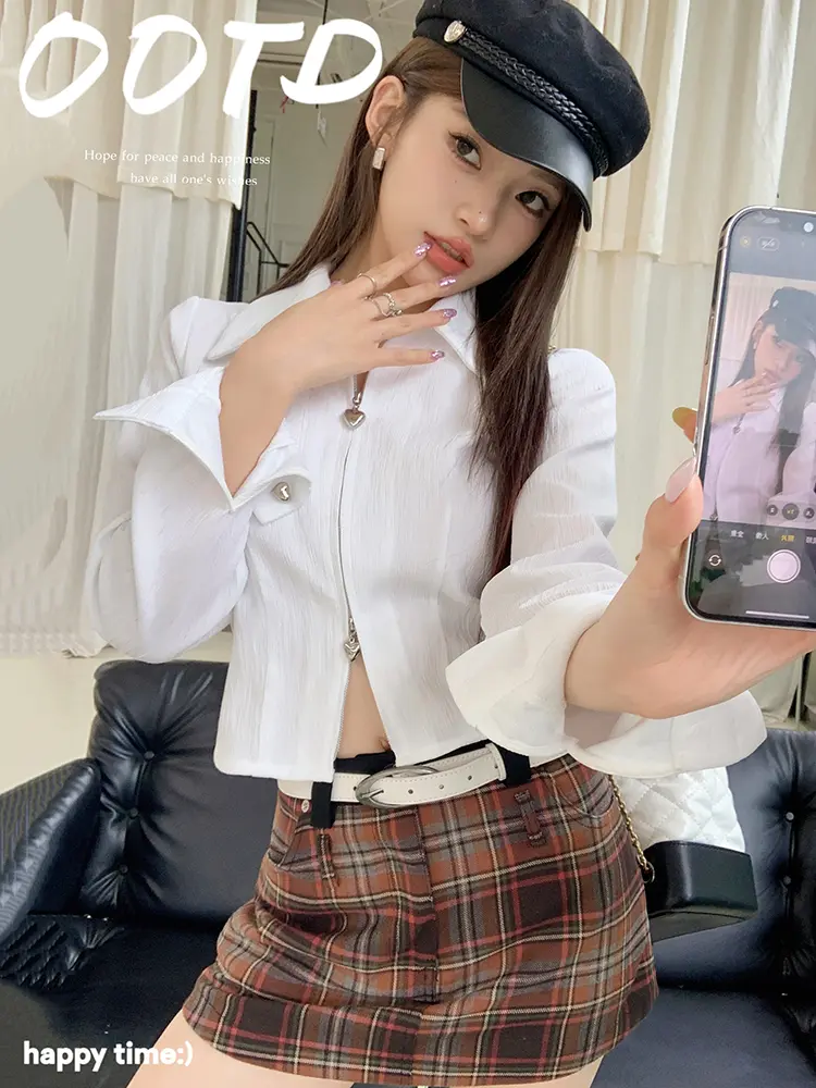 격자무늬 벨트 스플릿 A라인 미니스커트