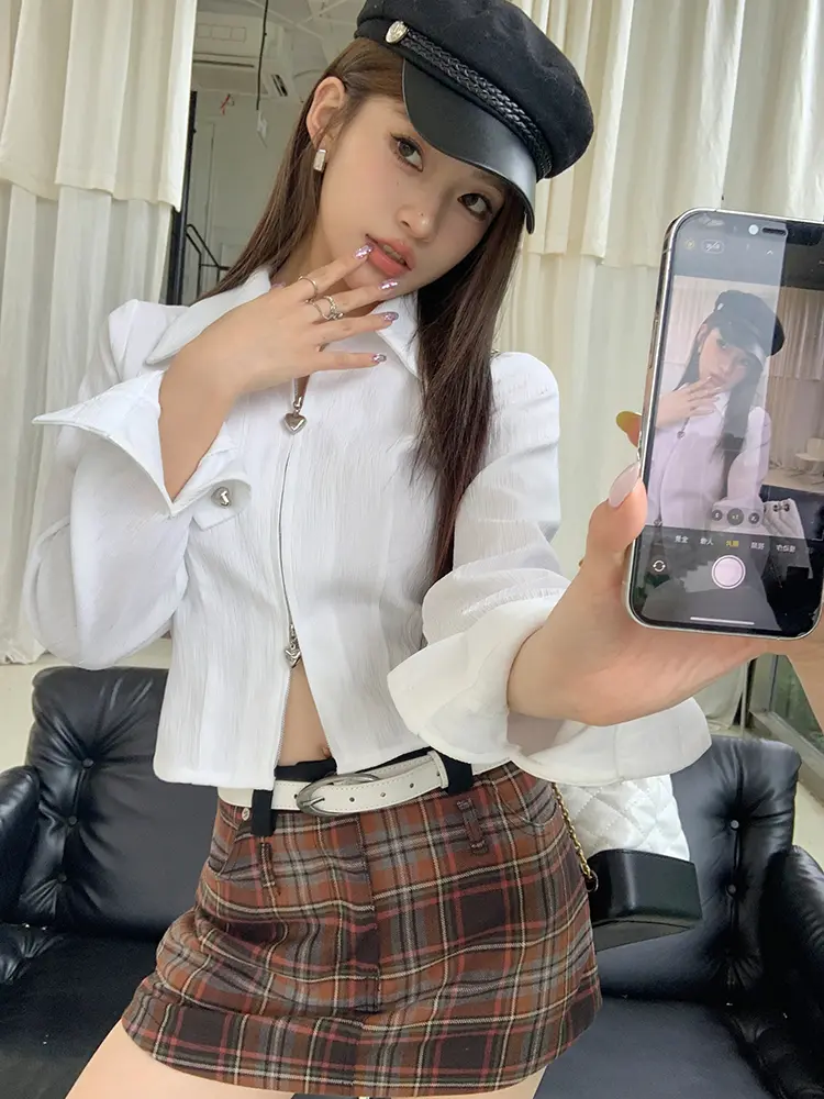 격자무늬 벨트 스플릿 A라인 미니스커트 상세 이미지 21