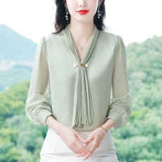 批发实拍2026春季新款压褶系带醋酸缎面雪纺衫超仙甜美洋气<b class='q'>长袖</b>女衬衣