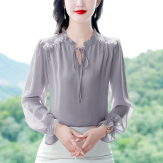 批发实拍2026秋季新款蝴蝶结立领长袖<b class='q'>雪纺衫</b>女上衣洋气打底衫显瘦衬衫
