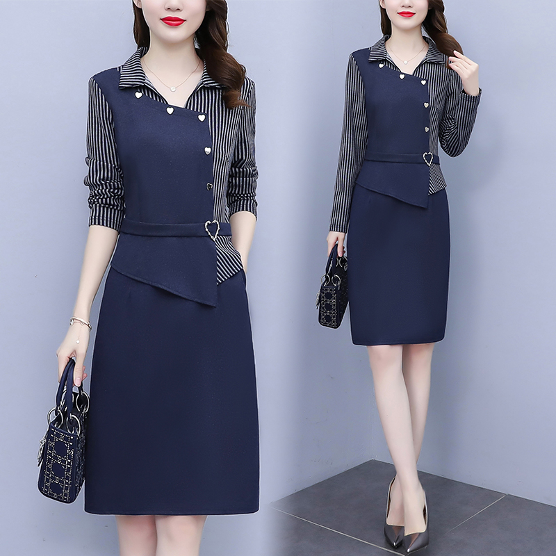 MY9696# 大码女装新款时尚气质Polo领拼接条纹连衣裙女裝貨源服裝批...