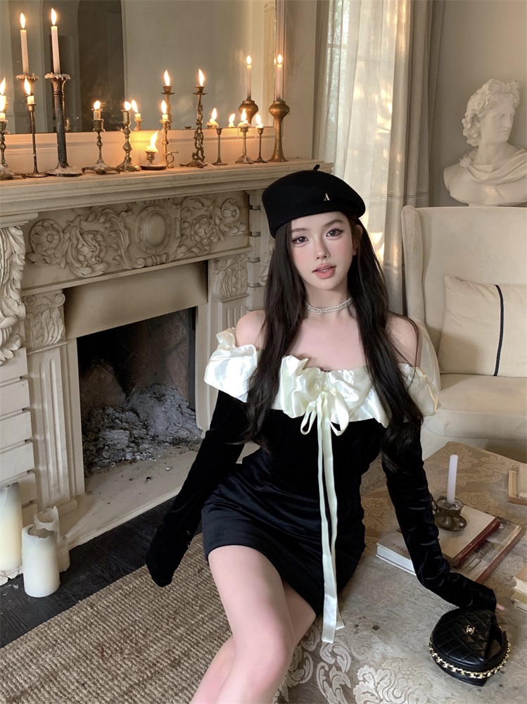 Actual shot of hot girl's one-shoulder bow velvet top + velvet high-waisted skirt suit