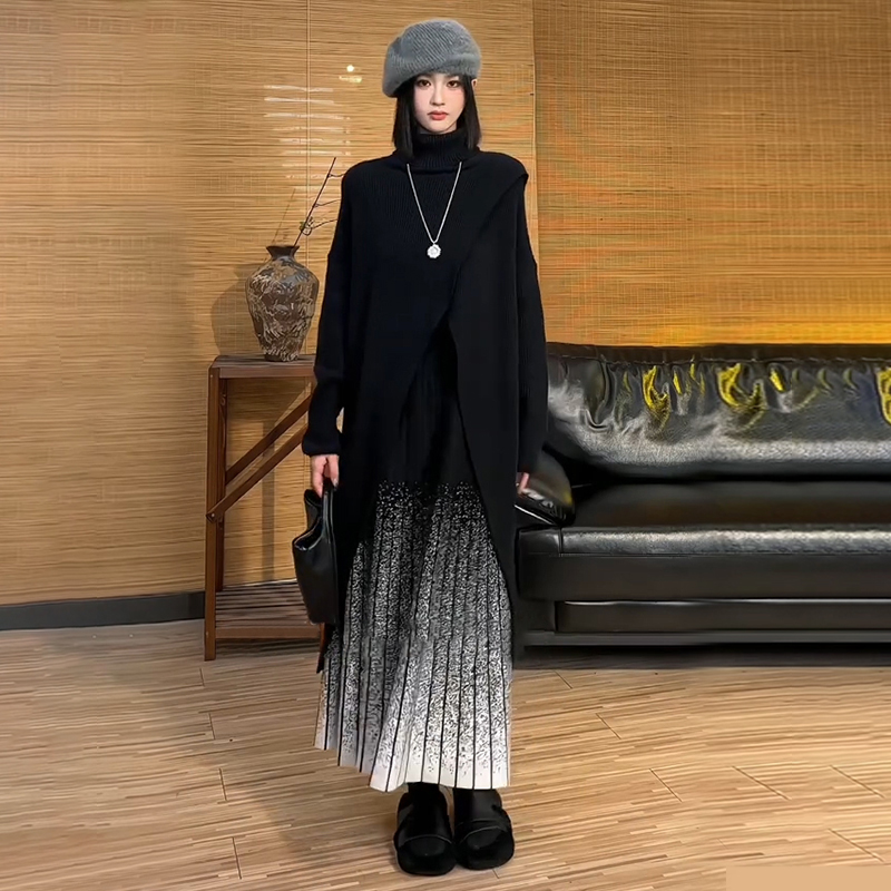 New style lazy style long turtleneck black sweater jacket for women in autumn and winter small knitted cardigan