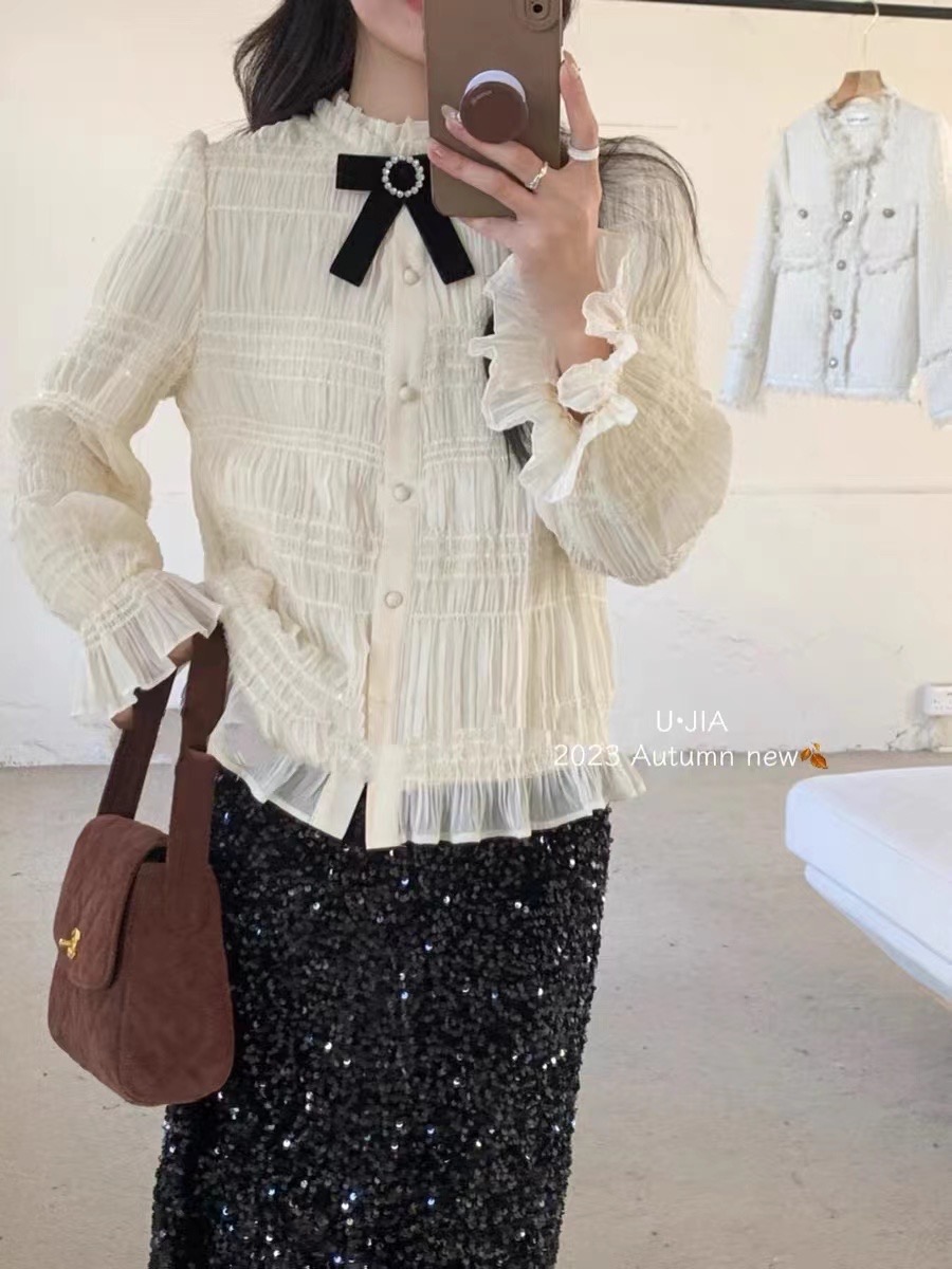 韓系淑女木耳邊單排扣襯衫女冬新款百搭溫柔蝴蝶結上衣