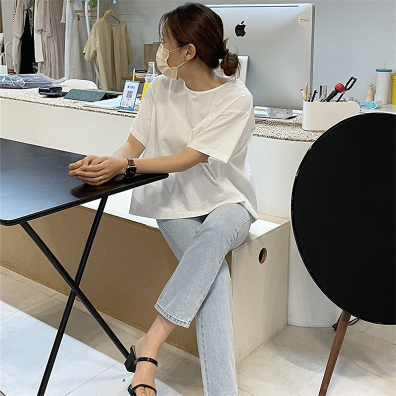 Small round neck wide shoulder short-sleeved shirt top for women 2024 summer new small fresh backless skirt casual shirt