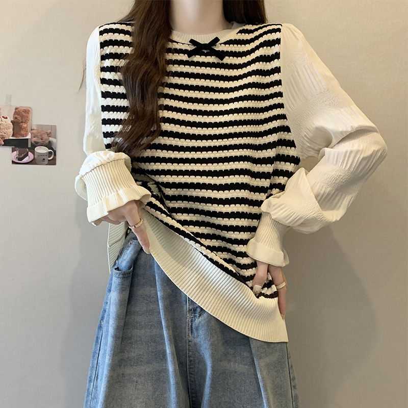 實拍大碼女裝2024春季新款設計感拼接針織套頭百搭顯瘦遮肉上衣