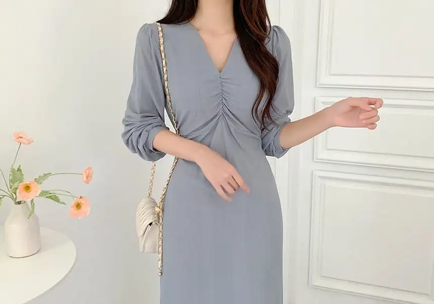 프렌치 V라인 풍성한 소매 원피스 상세 이미지 8