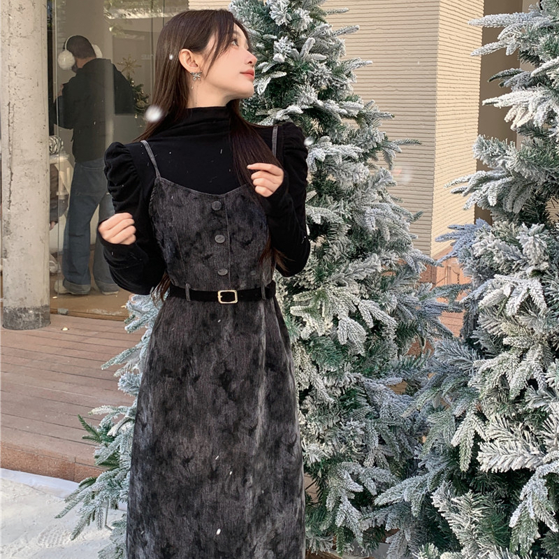拉鏈+里布 絕美復古聖誕風秋冬連衣裙上衣兩件套裝