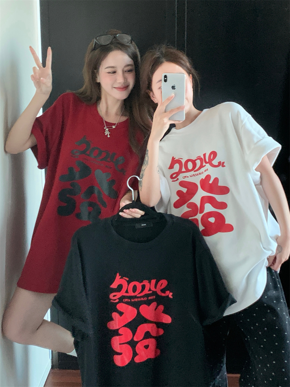 Actual shot~ Design niche round neck pullover with wealth print mid-length loose and slimming short-sleeved T-shirt