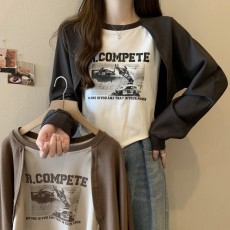 批发实拍大码~春新款宽松印花打底衫设计感拼接假两件长袖上衣