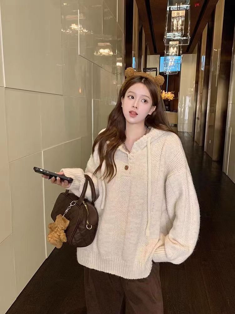 Korean style loose lazy style hooded sweater for women autumn and winter new soft waxy drawstring knitted sweatshirt top