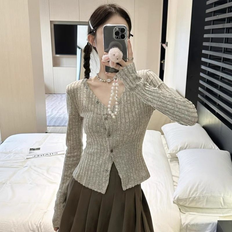 Pure desire sexy solid color soft glutinous pit strip knitted cardigan for women spring and autumn soft temperament twisted single-breasted long-sleeved sweater