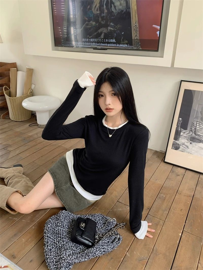 Delong spring and autumn new fake two-piece long-sleeved T-shirt women's Korean version contrasting color bottoming shirt slim and slim versatile top trendy