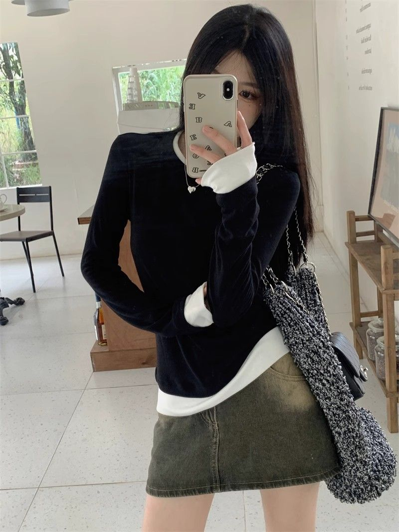 Delong spring and autumn new fake two-piece long-sleeved T-shirt women's Korean version contrasting color bottoming shirt slim and slim versatile top trendy