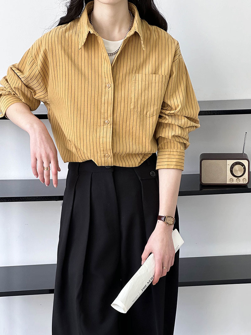 Real shot ~ Lazy loose retro striped shirt for women 2024 spring new Hong Kong style design shirt