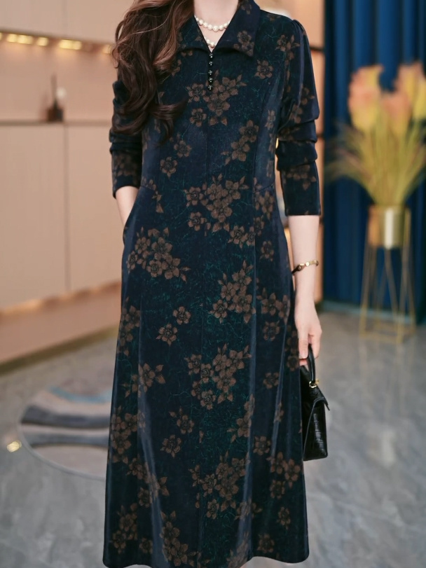 Official picture original quality large size 2024 spring high-end temperament printed fashionable age-reducing slimming dress