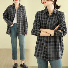 批发已出货 实拍秋装新款大码女装格子休闲宽松衬衫小众衬衣