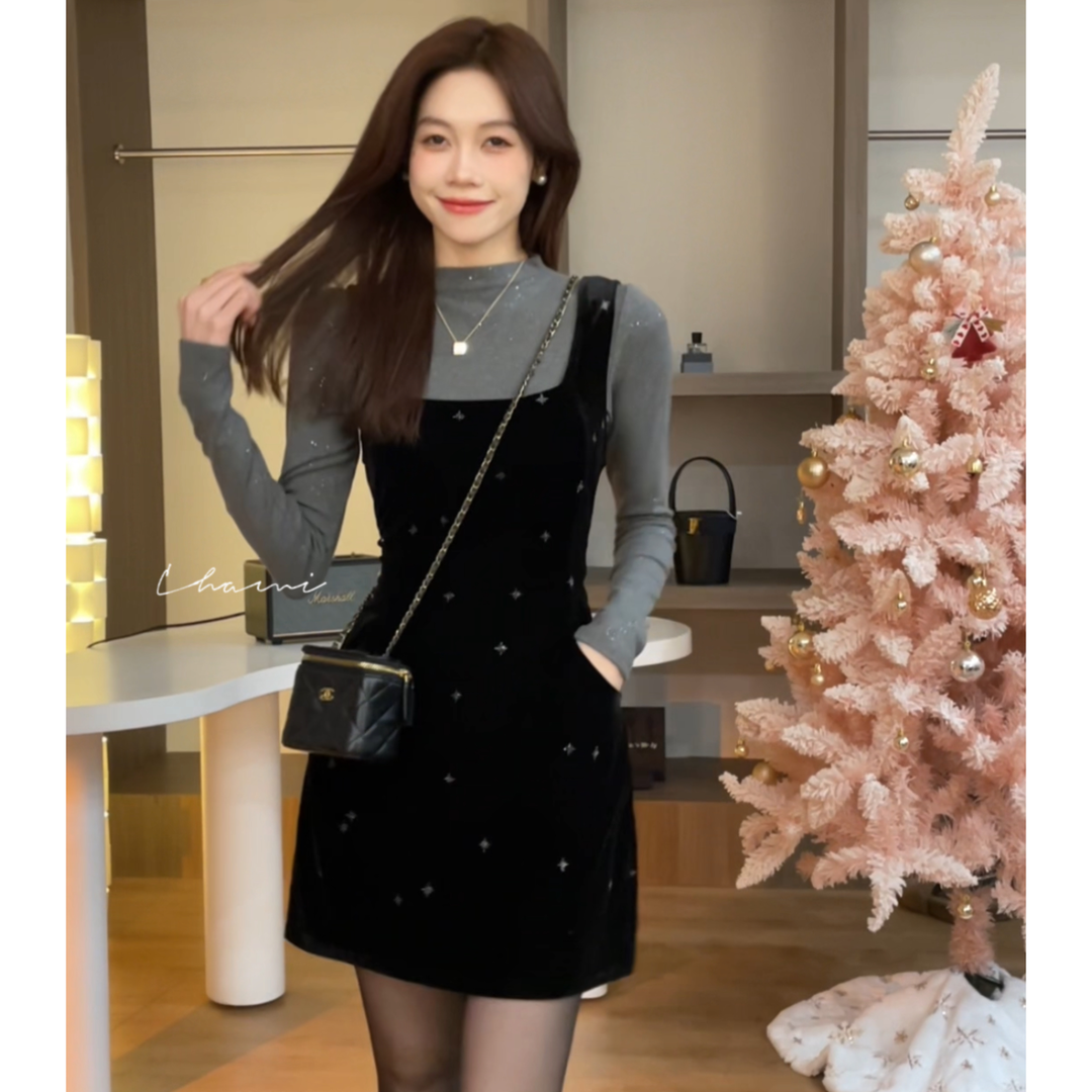 Chami The Birth of Venus Winter Velvet Printed Strap Little Black Dress Velvet High Waist Fashion Dress