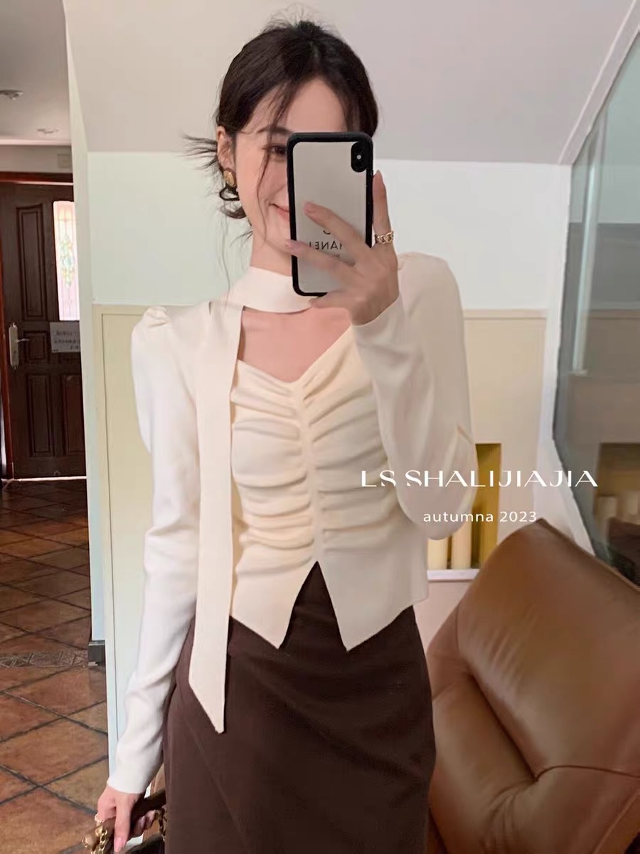 Spring and Autumn New Style French Style Little Women's Lace-up Pleated Shirt Women's Slim Fit Long-Sleeved Shirt