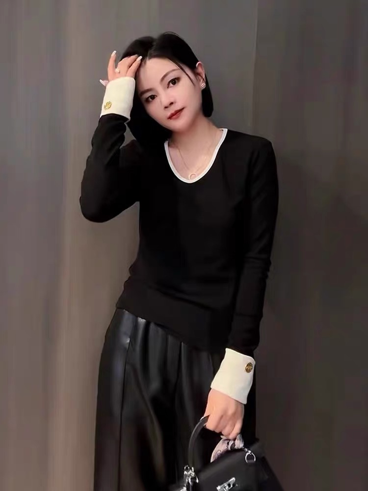 European stitching contrast color long-sleeved T-shirt autumn and winter 2024 spring new V-neck fashionable versatile pure cotton bottoming shirt tops for women