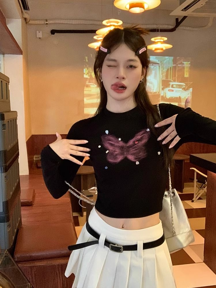 Black Hot Girl Butterfly Right Shoulder Long Sleeve T-Shirt Women's Autumn Pure Cotton Slim Fit Bottoming Shirt Short Top