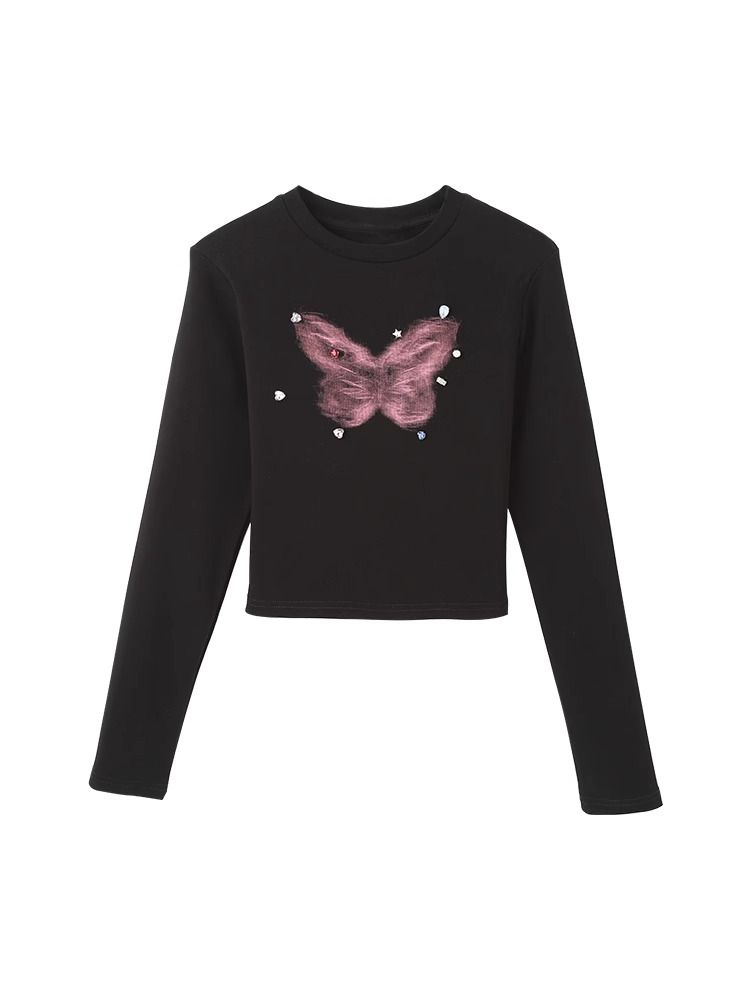 Black Hot Girl Butterfly Right Shoulder Long Sleeve T-Shirt Women's Autumn Pure Cotton Slim Fit Bottoming Shirt Short Top