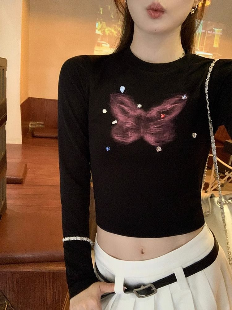 Black Hot Girl Butterfly Right Shoulder Long Sleeve T-Shirt Women's Autumn Pure Cotton Slim Fit Bottoming Shirt Short Top