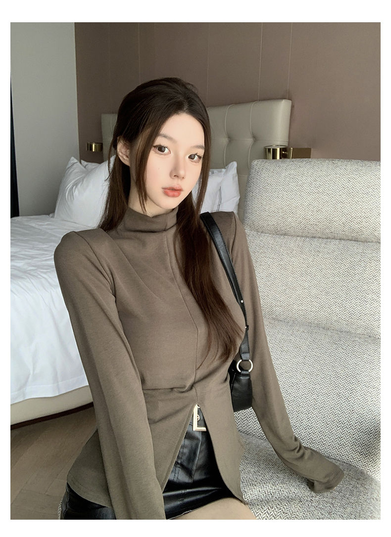 French style semi-high collar long-sleeved T-shirt for women spring and autumn design slit bottoming shirt slim fit top