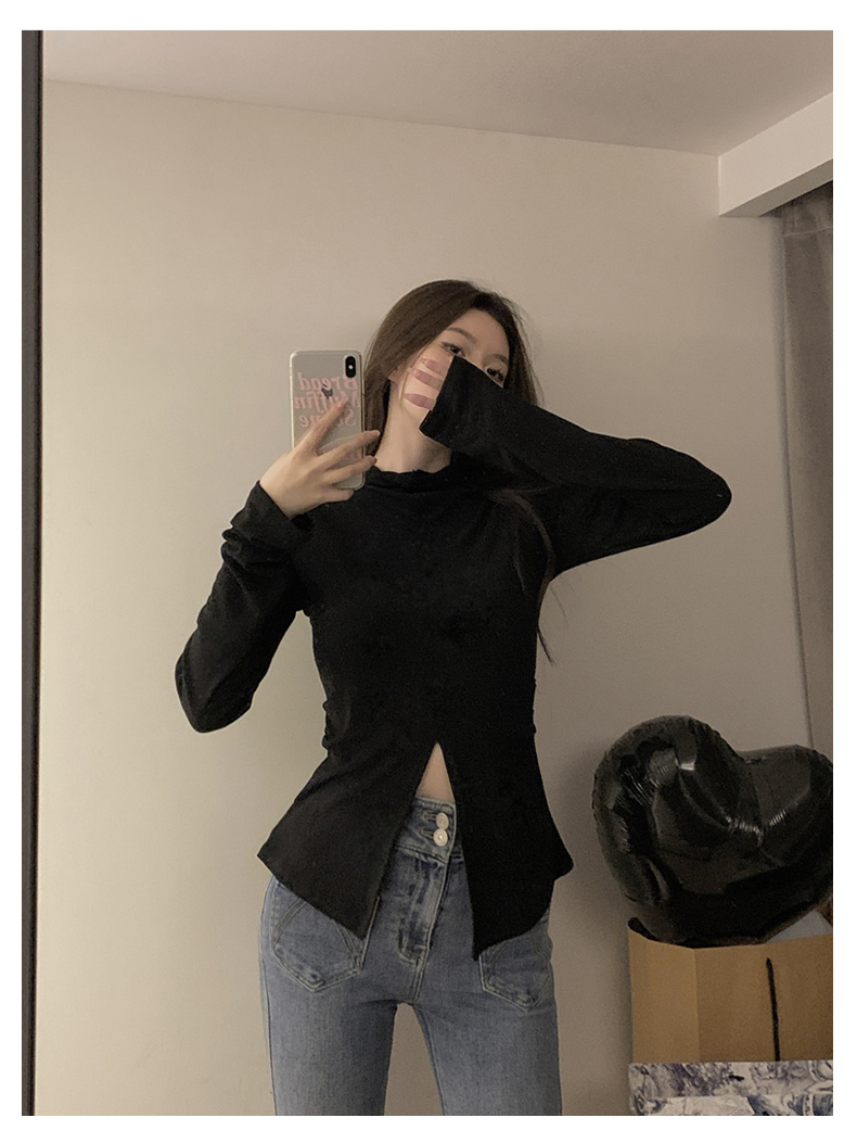 French style semi-high collar long-sleeved T-shirt for women spring and autumn design slit bottoming shirt slim fit top