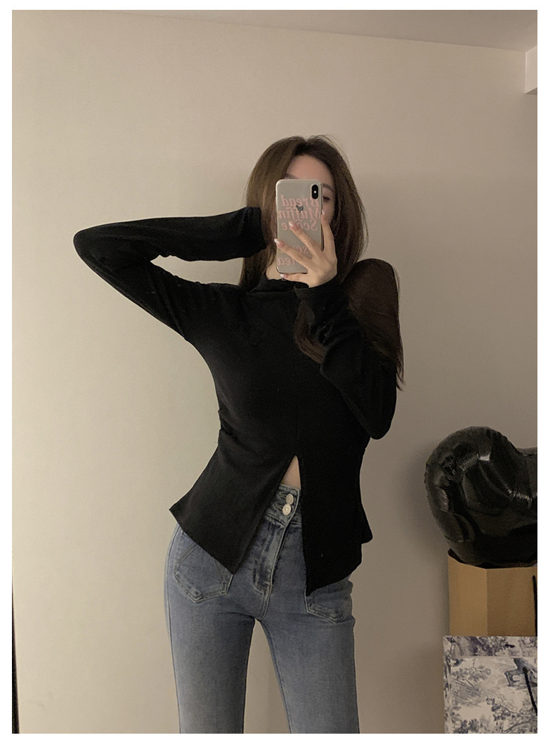 French style semi-high collar long-sleeved T-shirt for women spring and autumn design slit bottoming shirt slim fit top