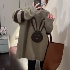 批发秋冬新款圆领毛衣女韩版宽松慵懒风中长款加厚兔子上衣针织衫