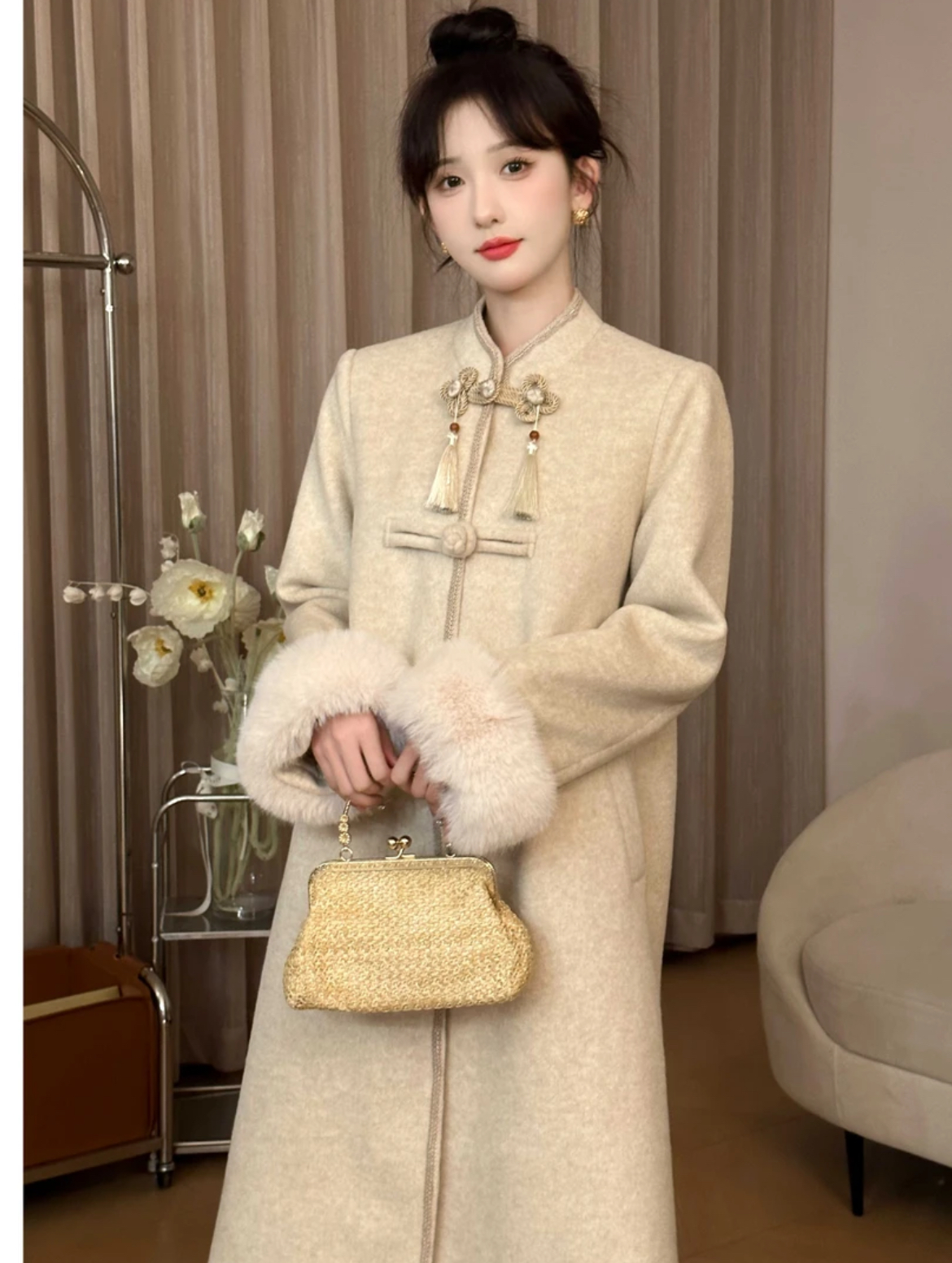Yunrong coat, stand collar, disc button coat, women's winter gentle coat