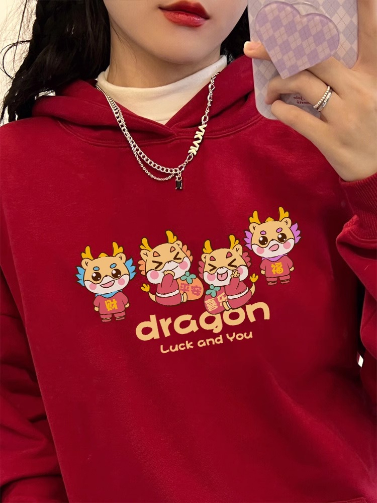 Official picture of zodiac year of the dragon sweatshirt couple wear autumn and winter 2024 new year red women's fashion clothes