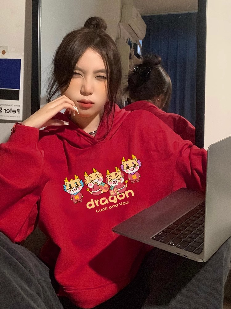 Official picture of zodiac year of the dragon sweatshirt couple wear autumn and winter 2024 new year red women's fashion clothes