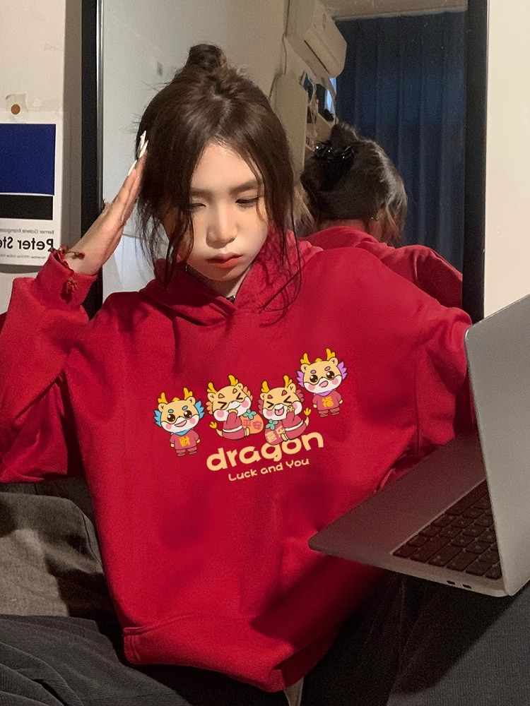 Official picture of zodiac year of the dragon sweatshirt couple wear autumn and winter 2024 new year red women's fashion clothes