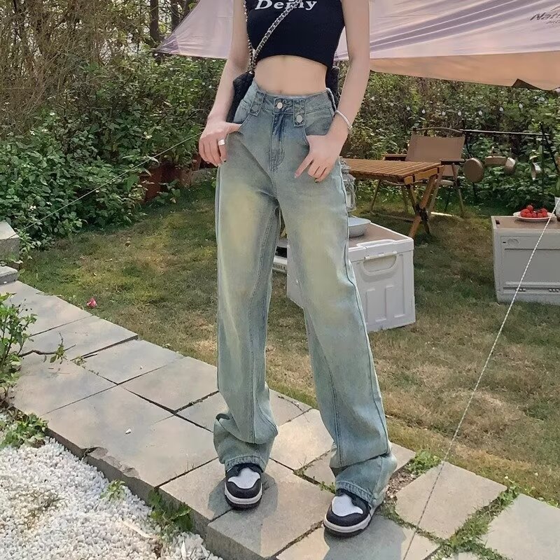高腰闊腿牛仔褲女2024年新款美式復古寬鬆直筒高個子拖地褲秋