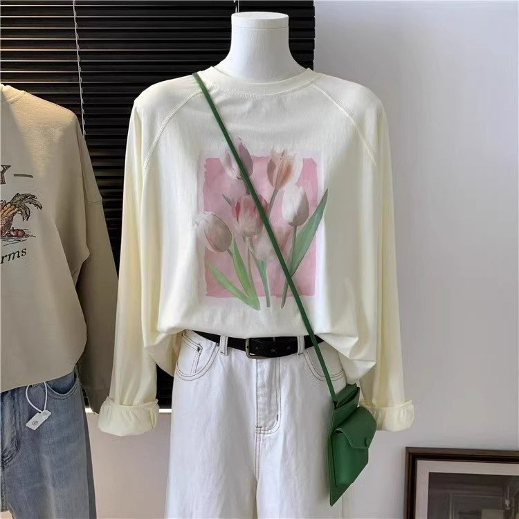 Pure cotton back strip 2024 spring and autumn thin comfortable loose versatile early autumn new long-sleeved T-shirt for women