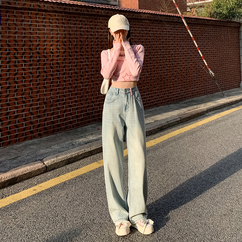 實拍~窄版闊腿牛仔褲女破洞夏季2024新款高腰顯瘦小個子直筒褲ins