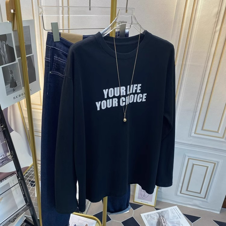 Pure cotton back strip 2024 spring and autumn versatile loose letter print long-sleeved T-shirt for women