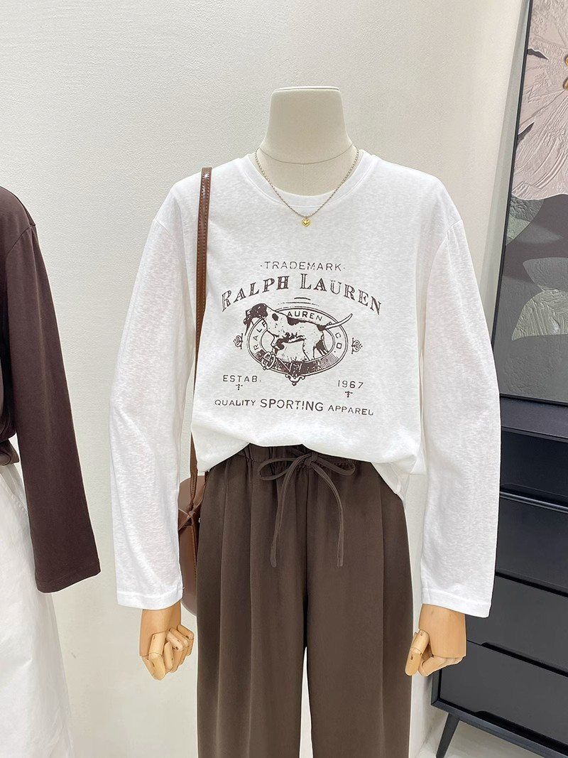 Pure cotton back strip 2024 spring and autumn thin plus velvet retro printed letter long-sleeved T-shirt for women