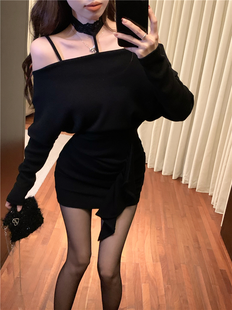 Real shot!  Temperament slimming one-shoulder knitted hip skirt women's pure desire slim dress bottoming skirt trendy