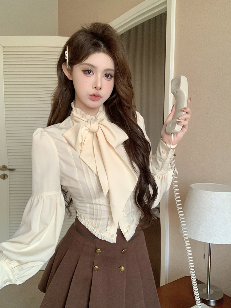Actual shot of bow tie shirt new long-sleeved slimming solid color top