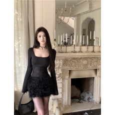 批发实价实拍性感毛绒网纱拼接修身显瘦长袖连衣裙