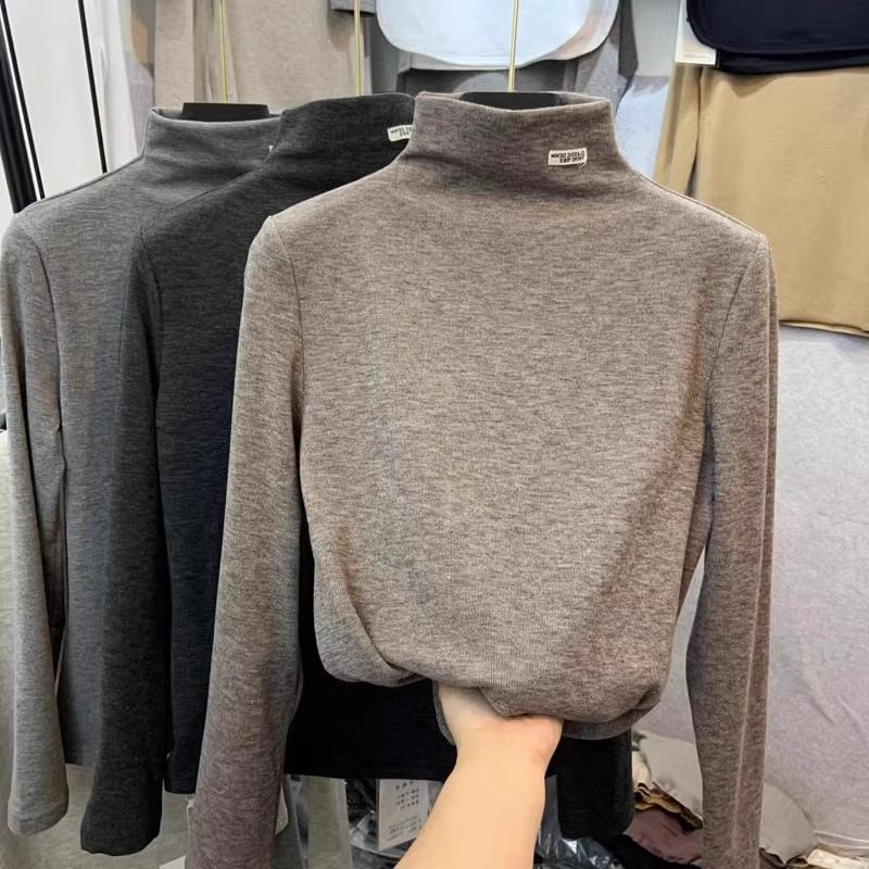 European double-sided German velvet bottoming shirt for women in autumn and winter new style with velvet inner and brushed warm half turtleneck long-sleeved top