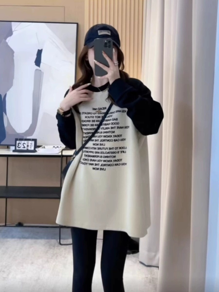 European mid-length brushed long-sleeved T-shirt for women in autumn and winter new loose letter printed bottoming shirt with trendy top