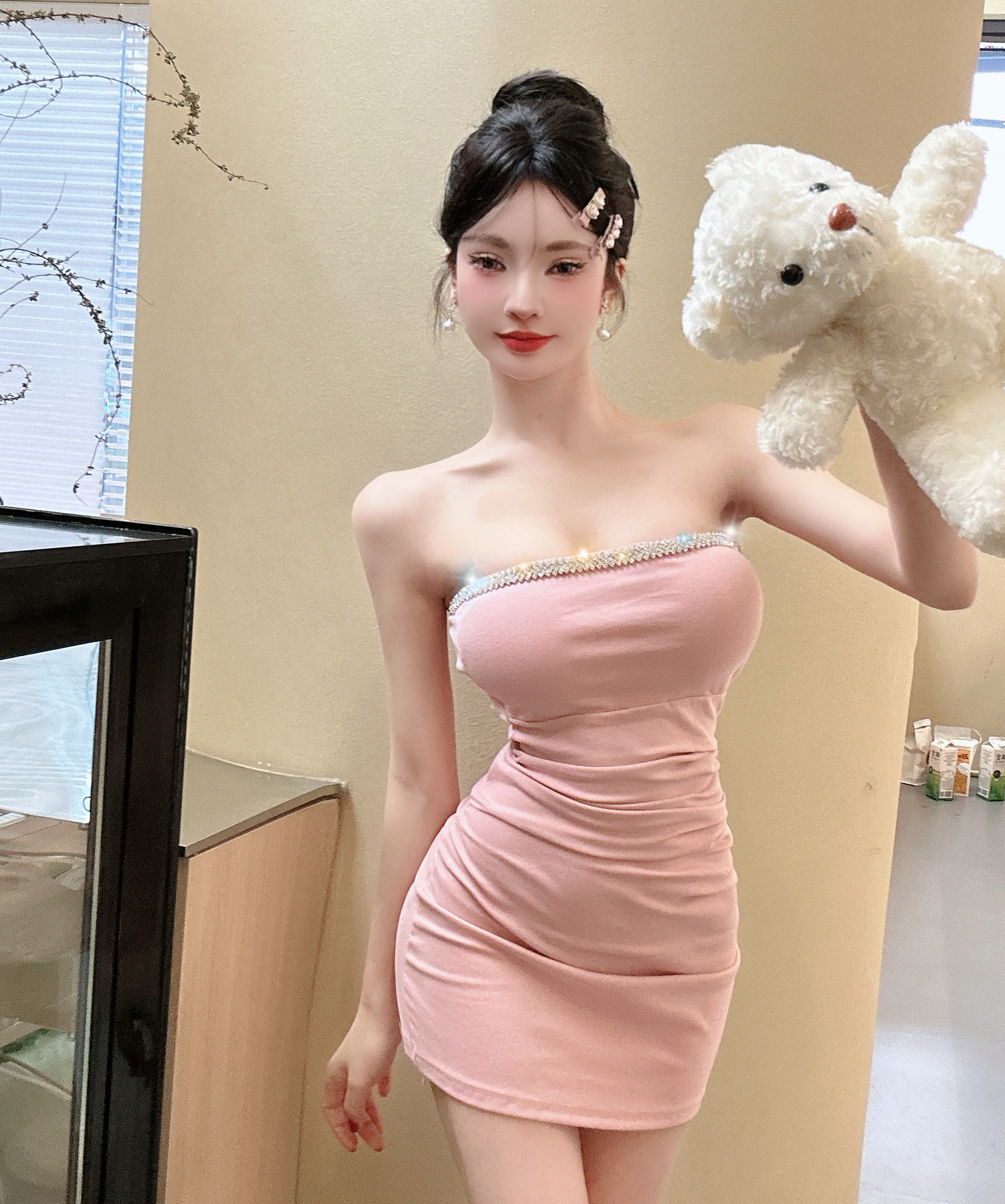 실사 고급 센스 섹시함 몸매 가꾸기 다이아몬드 세팅 튜브탑 여성 드레스 품격 예복 타이트 스커트 가슴 패드 허리 수축 짧은 치마