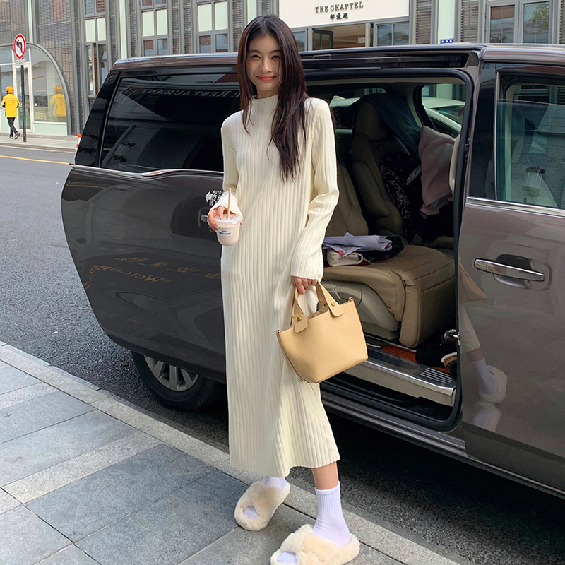 小個子半高領大衣內搭針織毛衣連衣裙子女秋冬季2024新款打底長裙