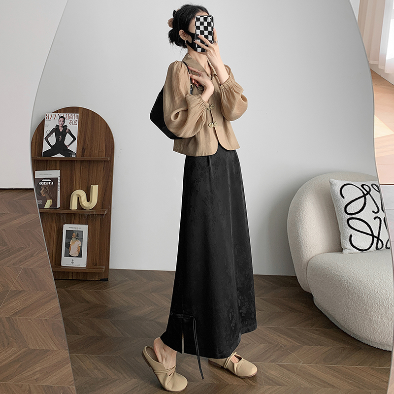 New Chinese style national style flocked jacquard skirt for women 2024 spring style high waist slim slit long skirt temperament skirt