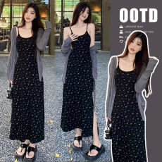 批发黑色复古度假风碎花吊带裙+慵懒风长款防晒开衫两件套孕妇装