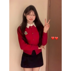 批发实拍秒发 假两件polo领开衫毛衣学院风针织上衣外套女